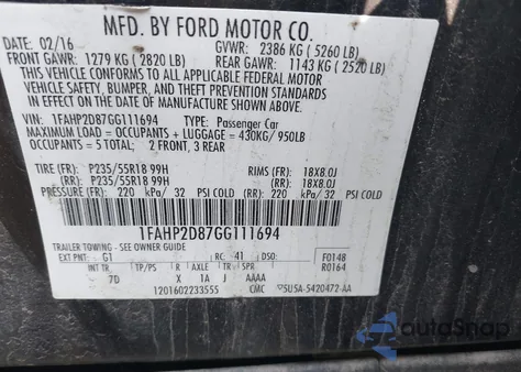 2016 Ford Taurus Se from USA, damaged, VIN 1FAHP2D87GG111694
